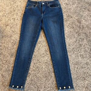Charlie B Blue Skinny Jeans with Pearl and Fringe Hem Details